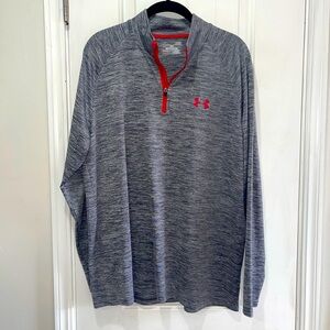 Men’s UNDER ARMOUR 1/4 front zip LS pullover in heather gray and red accents